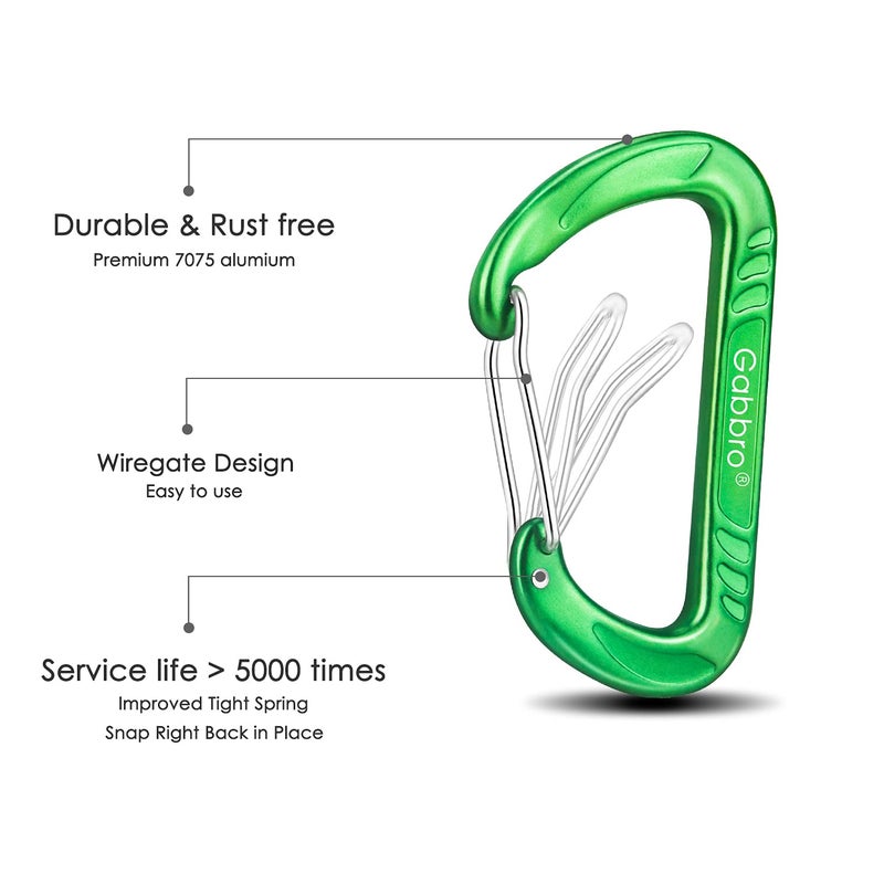 Gabbro Carabiner Clips Heavy Duty 12kN (2697 lbs), | 3.2 Inch, Aluminum, Wiregate Snap, Lightweight, 4 Pack | for Hammock, Hiking, Camping, Water Bottle, Dog Leash Harness, Keychains - Green - Image 5
